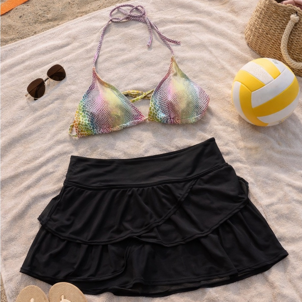 SHEIN Bikini Top Swim Skirt Set Small Multicolor Halter Black Ruffle Swimwear